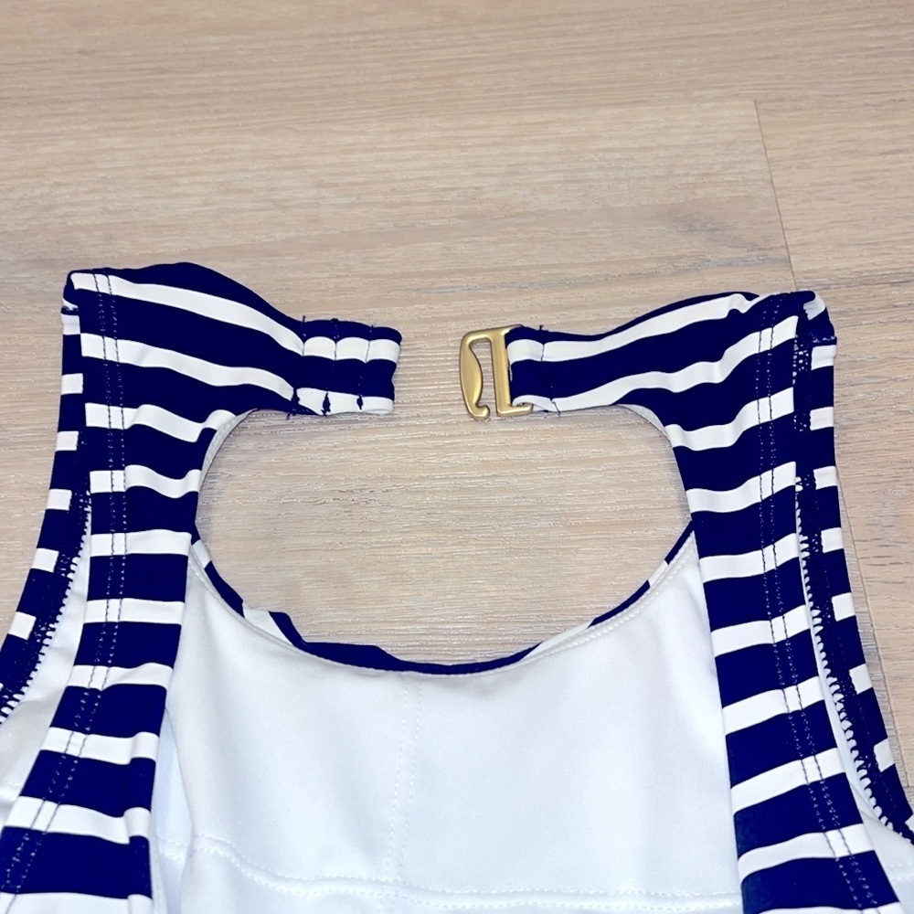 Lands' End Women's High Neck one piece Swimsuit Navy stripe built in cups - Picture 8 of 12